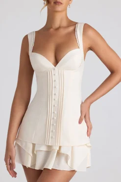 Oh Polly Georgette And Chiffon^Ruffle-Trim Button-Detail Corset Mini Dress in Ivory
