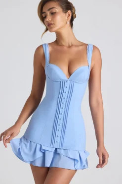 Oh Polly Georgette And Chiffon^Ruffle-Trim Button-Detail Corset Mini Dress in Sky Blue SkyBlue