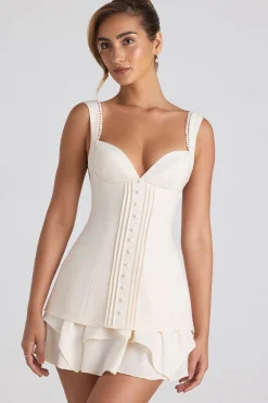 Oh Polly Georgette And Chiffon^Ruffle-Trim Button-Detail Corset Mini Dress in Ivory