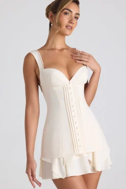 Oh Polly Georgette And Chiffon^Ruffle-Trim Button-Detail Corset Mini Dress in Ivory