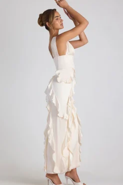 Oh Polly Bride To Be | Satin Dresses^Ruffle-Trim Corset Maxi Dress in Ivory