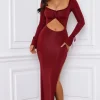 Oh Polly Holiday Party Dresses & Outfits^Ruffle-Trim Cut-Out Maxi Dress in Berry Red BerryRed