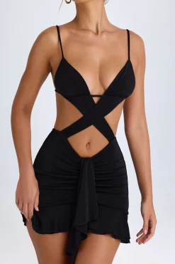 Oh Polly Night Out^Ruffle-Trim Cut-Out Mini Dress in Black