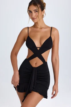Oh Polly Night Out^Ruffle-Trim Cut-Out Mini Dress in Black