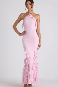Oh Polly Wedding Guest | Georgette And Chiffon^Ruffle-Trim Halterneck Gown in Soft Pink SoftPink