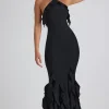 Oh Polly Wedding Guest | Georgette And Chiffon^Ruffle-Trim Halterneck Gown in Black