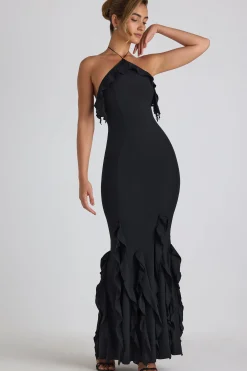 Oh Polly Wedding Guest | Georgette And Chiffon^Ruffle-Trim Halterneck Gown in Black