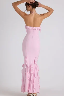 Oh Polly Wedding Guest | Georgette And Chiffon^Ruffle-Trim Halterneck Gown in Soft Pink SoftPink