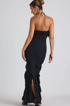 Oh Polly Wedding Guest | Georgette And Chiffon^Ruffle-Trim Halterneck Gown in Black