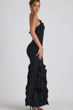 Oh Polly Wedding Guest | Georgette And Chiffon^Ruffle-Trim Halterneck Gown in Black