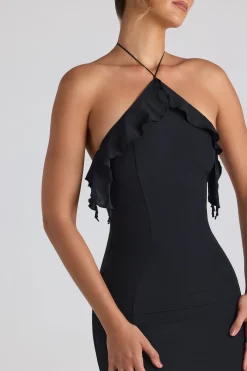 Oh Polly Wedding Guest | Georgette And Chiffon^Ruffle-Trim Halterneck Gown in Black