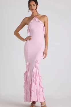 Oh Polly Wedding Guest | Georgette And Chiffon^Ruffle-Trim Halterneck Gown in Soft Pink SoftPink