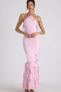 Oh Polly Wedding Guest | Georgette And Chiffon^Ruffle-Trim Halterneck Gown in Soft Pink SoftPink