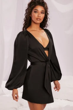 Oh Polly Women'S Clothing Sale - $65 And Under | Women'S Clothing Sale - $40 And Under^Satin Balloon Sleeve Robe in Black