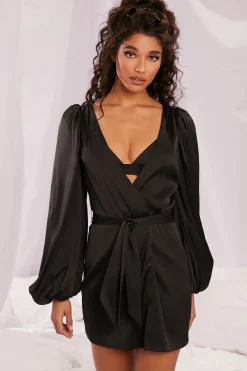Oh Polly Women'S Clothing Sale - $65 And Under | Women'S Clothing Sale - $40 And Under^Satin Balloon Sleeve Robe in Black
