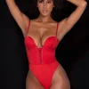 Oh Polly Tops^Satin Plunge Neck Lace Up Corset Bodysuit in Fire Red FireRed