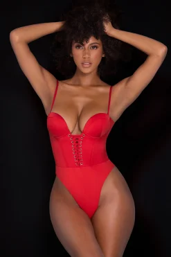 Oh Polly Tops^Satin Plunge Neck Lace Up Corset Bodysuit in Fire Red FireRed