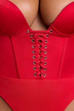 Oh Polly Tops^Satin Plunge Neck Lace Up Corset Bodysuit in Fire Red FireRed