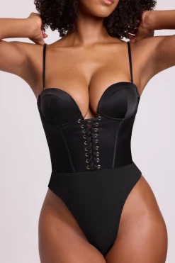 Oh Polly Tops^Satin Plunge Neck Lace Up Corset Bodysuit in Black