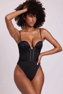 Oh Polly Tops^Satin Plunge Neck Lace Up Corset Bodysuit in Black