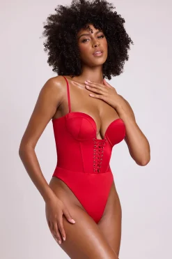 Oh Polly Tops^Satin Plunge Neck Lace Up Corset Bodysuit in Fire Red FireRed
