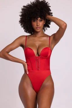 Oh Polly Tops^Satin Plunge Neck Lace Up Corset Bodysuit in Fire Red FireRed
