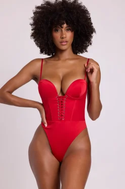 Oh Polly Tops^Satin Plunge Neck Lace Up Corset Bodysuit in Fire Red FireRed