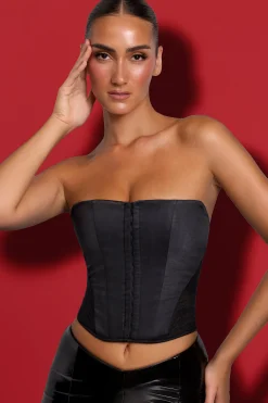 Oh Polly Tops^Satin Strapless Corset in Black