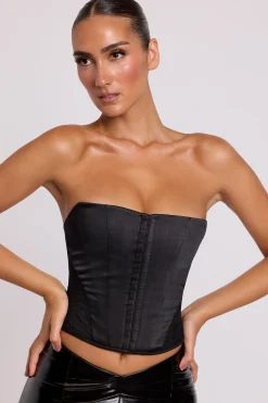 Oh Polly Tops^Satin Strapless Corset in Black