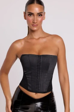 Oh Polly Tops^Satin Strapless Corset in Black
