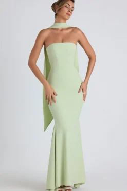 Oh Polly Georgette And Chiffon^Scarf-Detail Strapless Gown in Spring Green SpringGreen