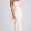 Oh Polly Georgette And Chiffon^Scarf-Detail Strapless Gown in Ivory