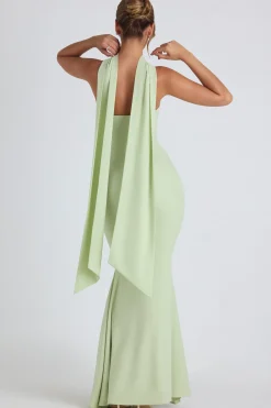 Oh Polly Georgette And Chiffon^Scarf-Detail Strapless Gown in Spring Green SpringGreen