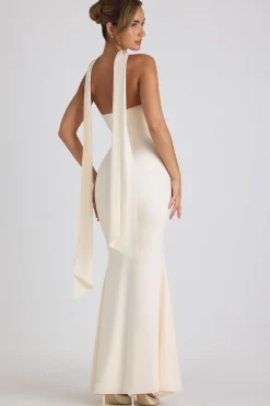 Oh Polly Georgette And Chiffon^Scarf-Detail Strapless Gown in Ivory
