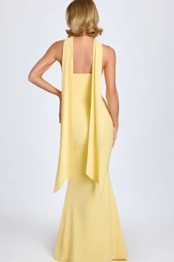 Oh Polly Wedding Guest | Georgette And Chiffon^Scarf-Detail Strapless Gown in Pastel Yellow PastelYellow