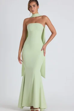 Oh Polly Georgette And Chiffon^Scarf-Detail Strapless Gown in Spring Green SpringGreen