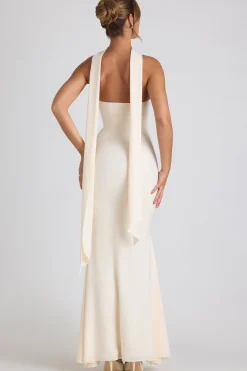 Oh Polly Georgette And Chiffon^Scarf-Detail Strapless Gown in Ivory