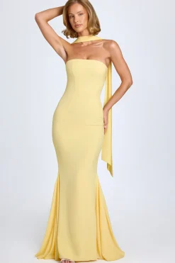Oh Polly Wedding Guest | Georgette And Chiffon^Scarf-Detail Strapless Gown in Pastel Yellow PastelYellow
