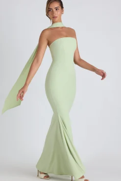 Oh Polly Georgette And Chiffon^Scarf-Detail Strapless Gown in Spring Green SpringGreen