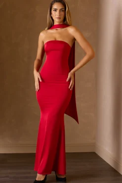 Oh Polly Holiday Party Dresses & Outfits | Satin Dresses^Scarf-Detail Strapless Gown in Scarlet Red ScarletRed