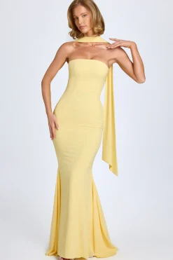 Oh Polly Wedding Guest | Georgette And Chiffon^Scarf-Detail Strapless Gown in Pastel Yellow PastelYellow