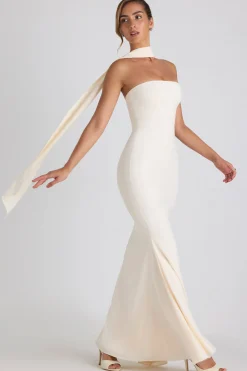 Oh Polly Georgette And Chiffon^Scarf-Detail Strapless Gown in Ivory