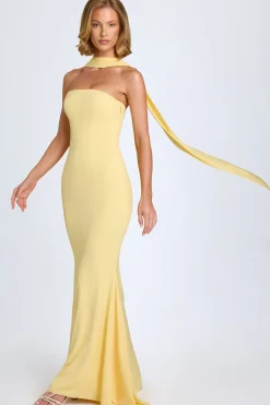 Oh Polly Wedding Guest | Georgette And Chiffon^Scarf-Detail Strapless Gown in Pastel Yellow PastelYellow