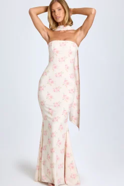 Oh Polly Wedding Guest | Georgette And Chiffon^Scarf-Detail Strapless Gown in Large Rose Print LargeRosePrint
