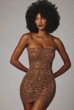 Oh Polly Party Dresses | Holiday Party Dresses & Outfits^Sheer Embellished Bodycon Mini Dress in Mocha