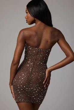Oh Polly Party Dresses | Holiday Party Dresses & Outfits^Sheer Embellished Bodycon Mini Dress in Deep Cocoa DeepCocoa