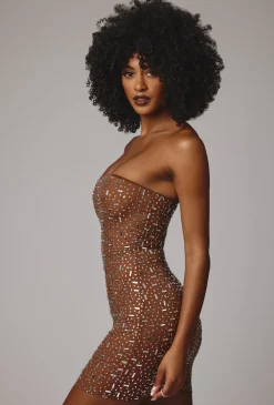 Oh Polly Party Dresses | Holiday Party Dresses & Outfits^Sheer Embellished Bodycon Mini Dress in Mocha