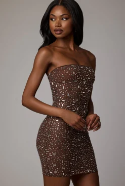 Oh Polly Party Dresses | Holiday Party Dresses & Outfits^Sheer Embellished Bodycon Mini Dress in Deep Cocoa DeepCocoa