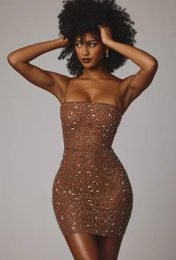 Oh Polly Party Dresses | Holiday Party Dresses & Outfits^Sheer Embellished Bodycon Mini Dress in Mocha