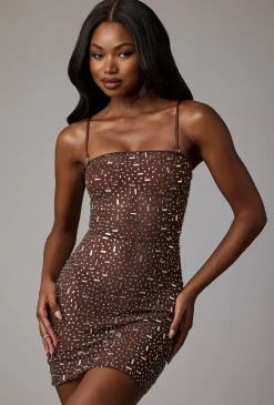Oh Polly Party Dresses | Holiday Party Dresses & Outfits^Sheer Embellished Bodycon Mini Dress in Deep Cocoa DeepCocoa
